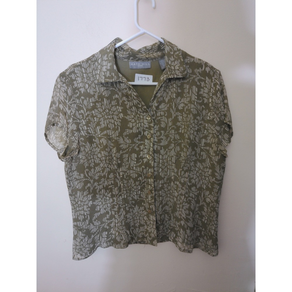 Kate Hill Blouse Womens 14P Olive Green Silk Abstract Floral Button Up Top